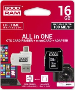 Karta pamięci z adapterem i czytnikiem kart GoodRam All in one M1A4-0160R12 (16GB; Class 10; Adapter Czytnik kart MicroSDHC Ka GOODRAM